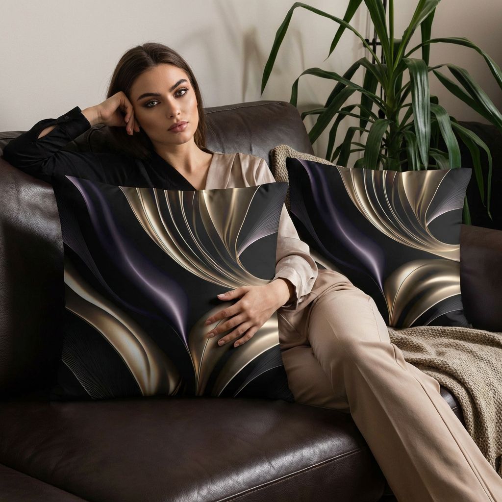 Golden Flow - Luxurious Black and Gold Abstract Pillow