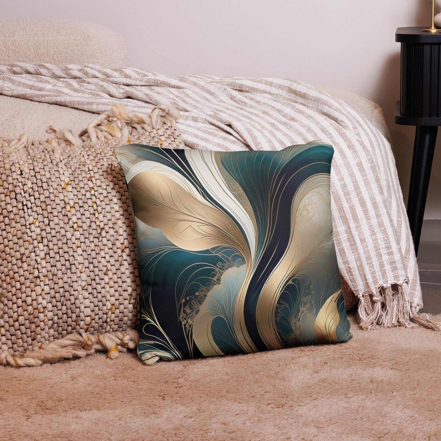Golden Harmony - Teal and Gold Abstract Pillow, Size: 18×18 in — Throw Pillow