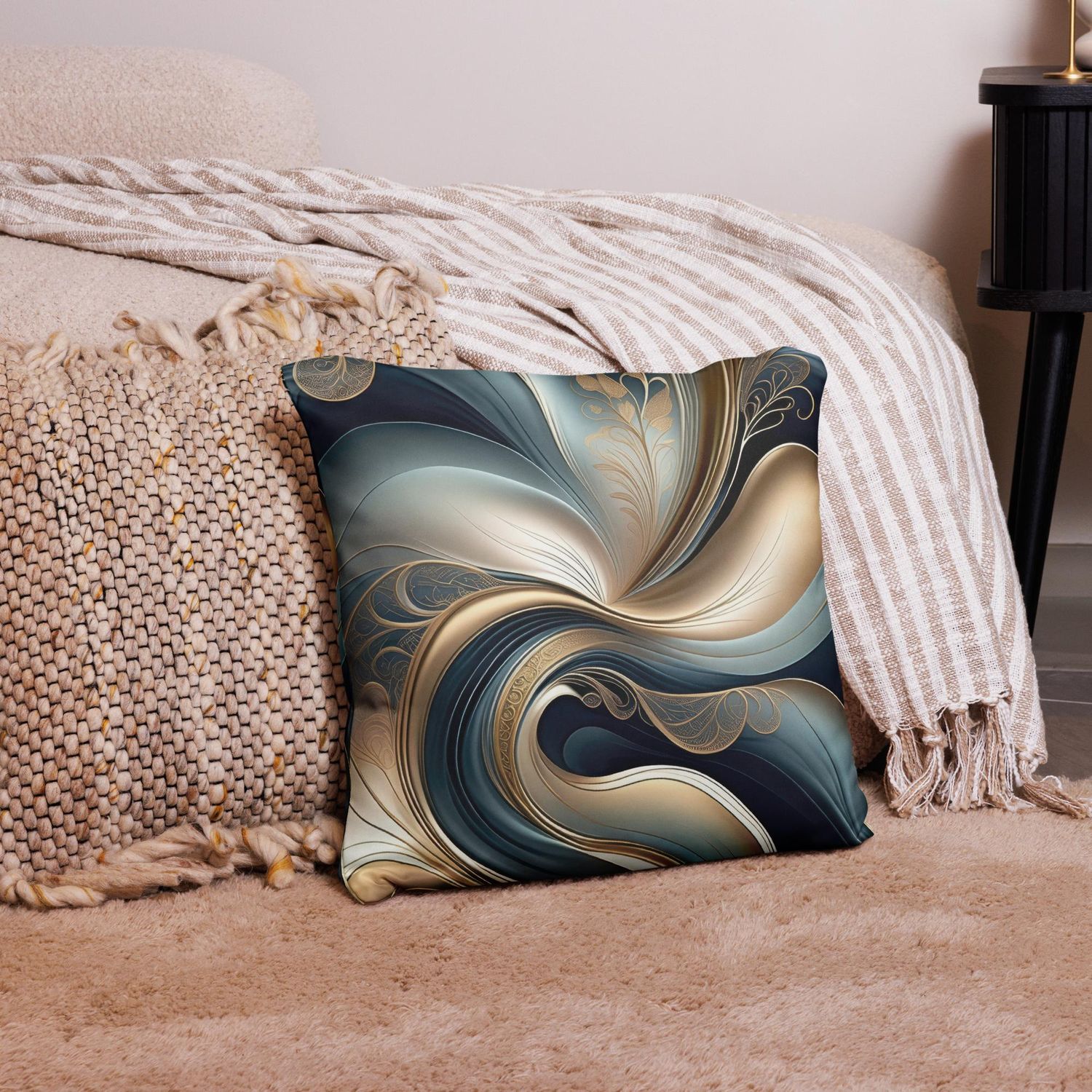 Golden Serenade - Teal and Gold Abstract Floral Pillow, Size: 18×18 in — Throw Pillow