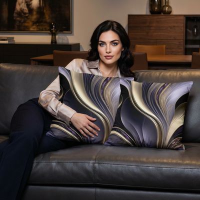 Golden Veil - Luxurious Gold and Violet Abstract Pillow