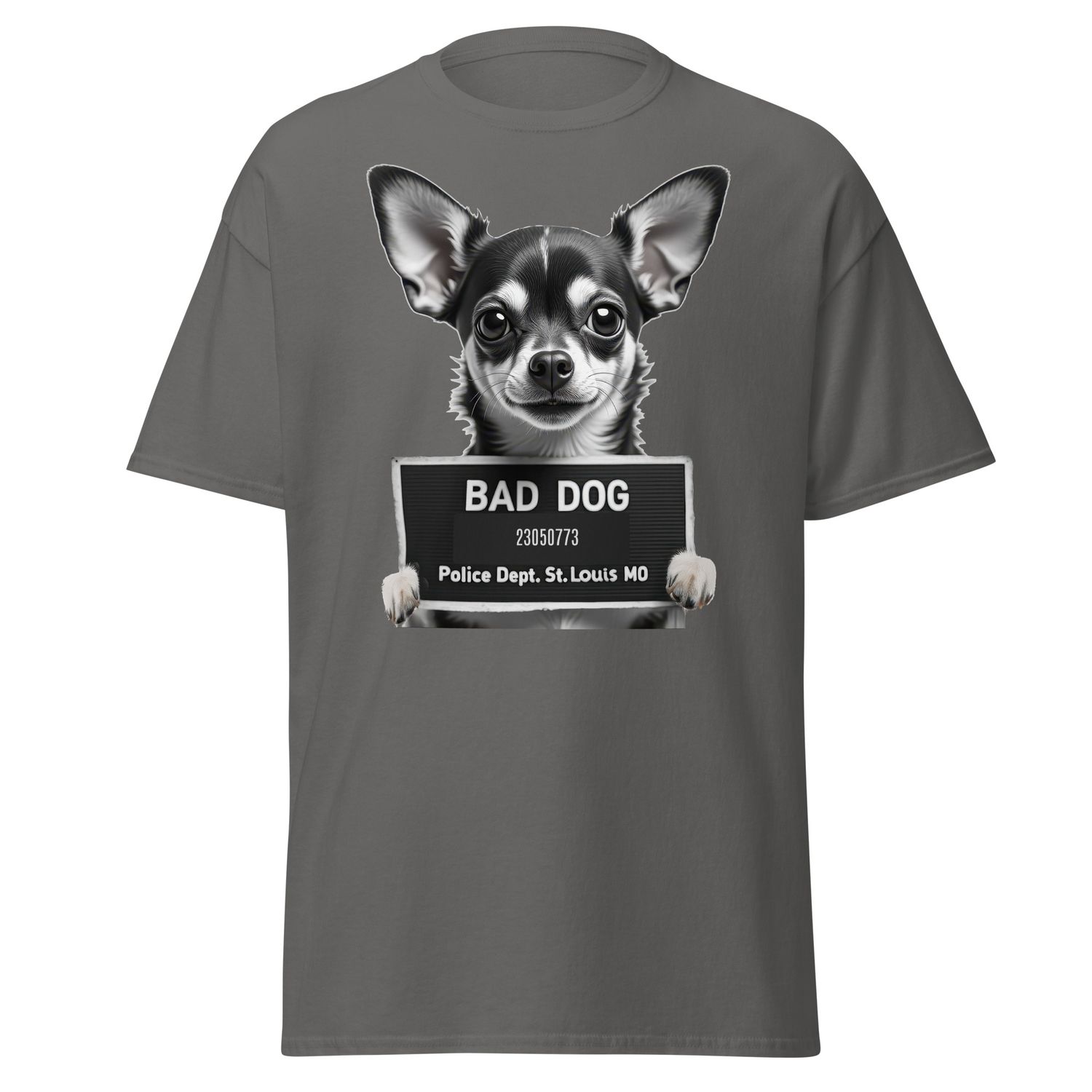 Bad Dog: Chihuahua Mugshot, Color: Charcoal, Size: Medium