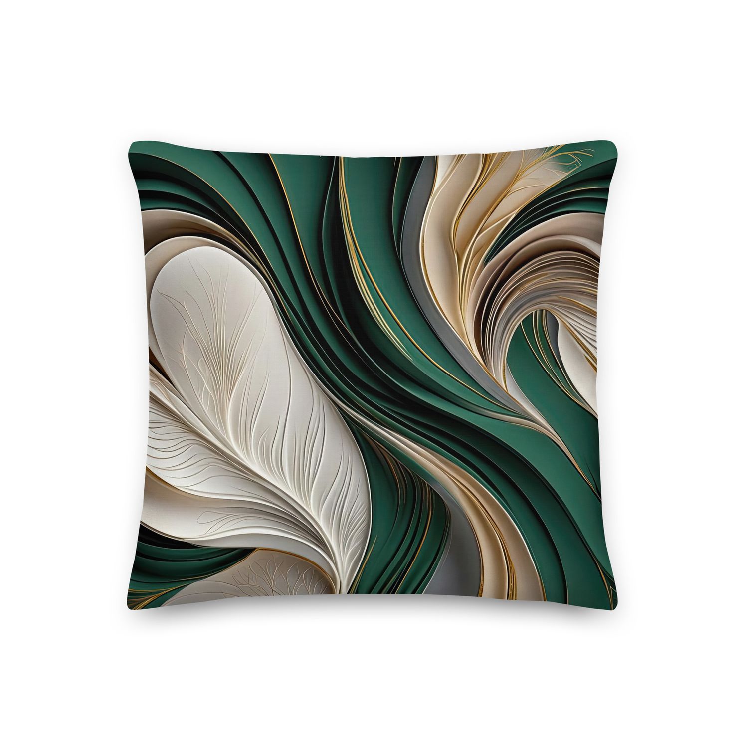 Golden Air – Emerald &amp; Gold Flowing Abstract Premium Pillow, Size: 18×18 - Premium Throw Pillow