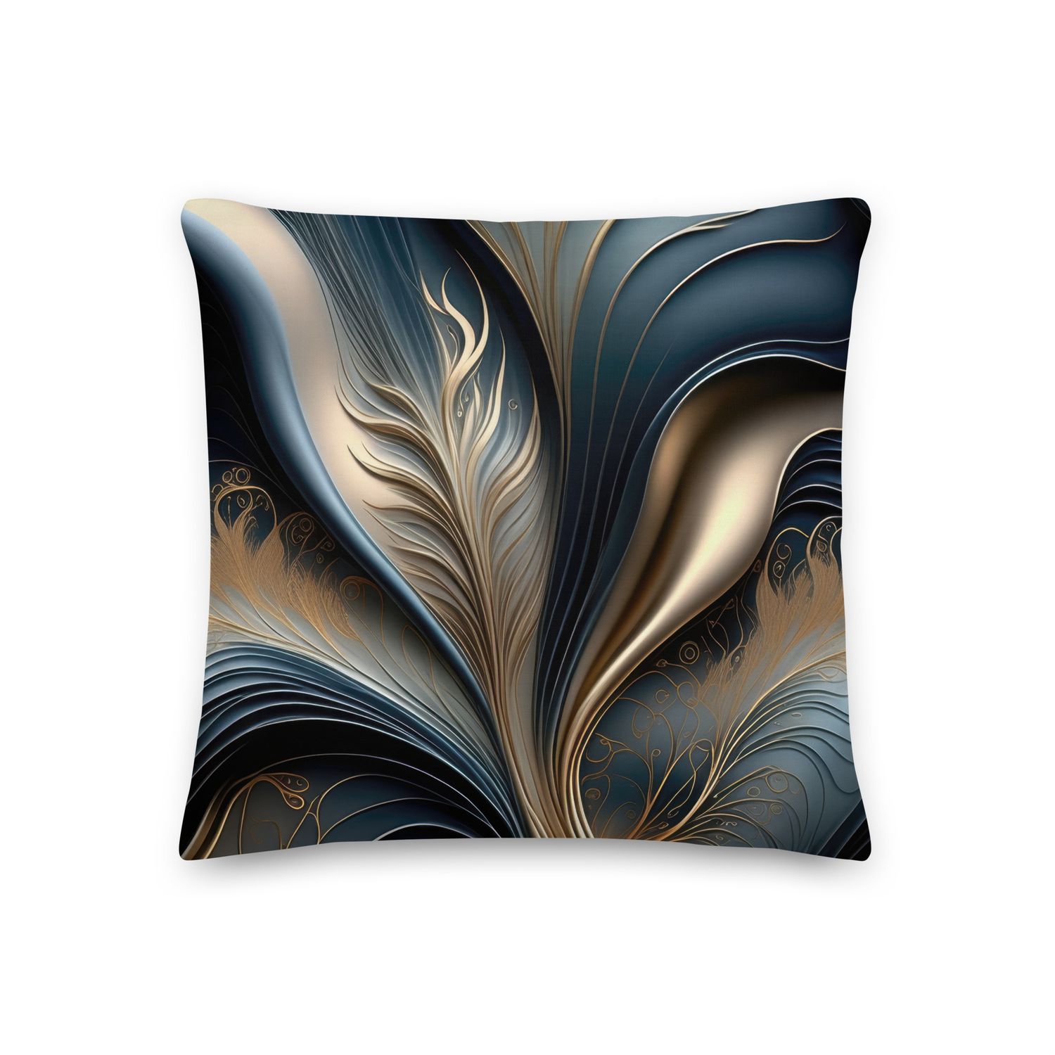 Emerald Whisper - Teal and Gold Abstract Floral Art Premium Pillow, Size: 18×18 - Premium Throw Pillow
