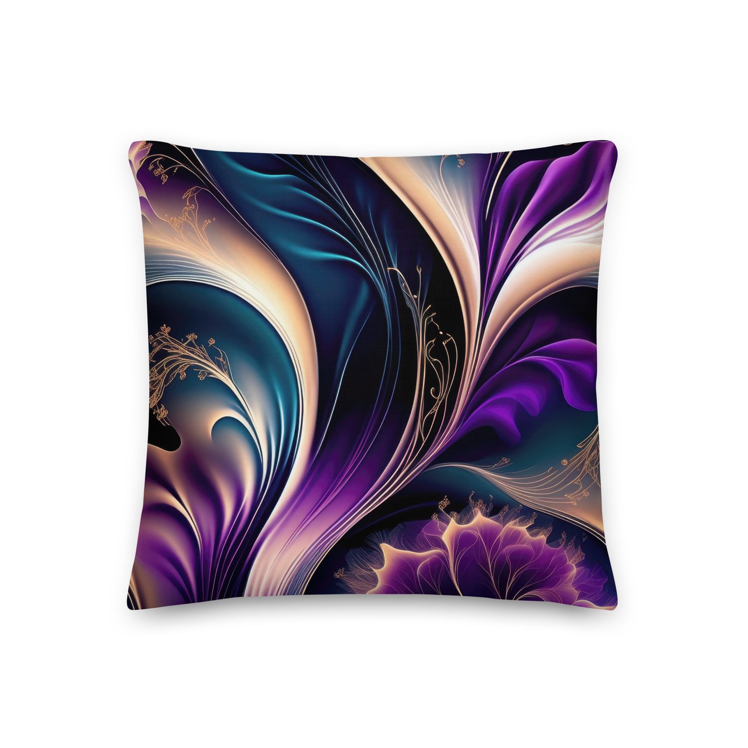Floral Symphony - Deep Purple and Gold Abstract Premium Pillow, Size: 18×18 - Premium Throw Pillow