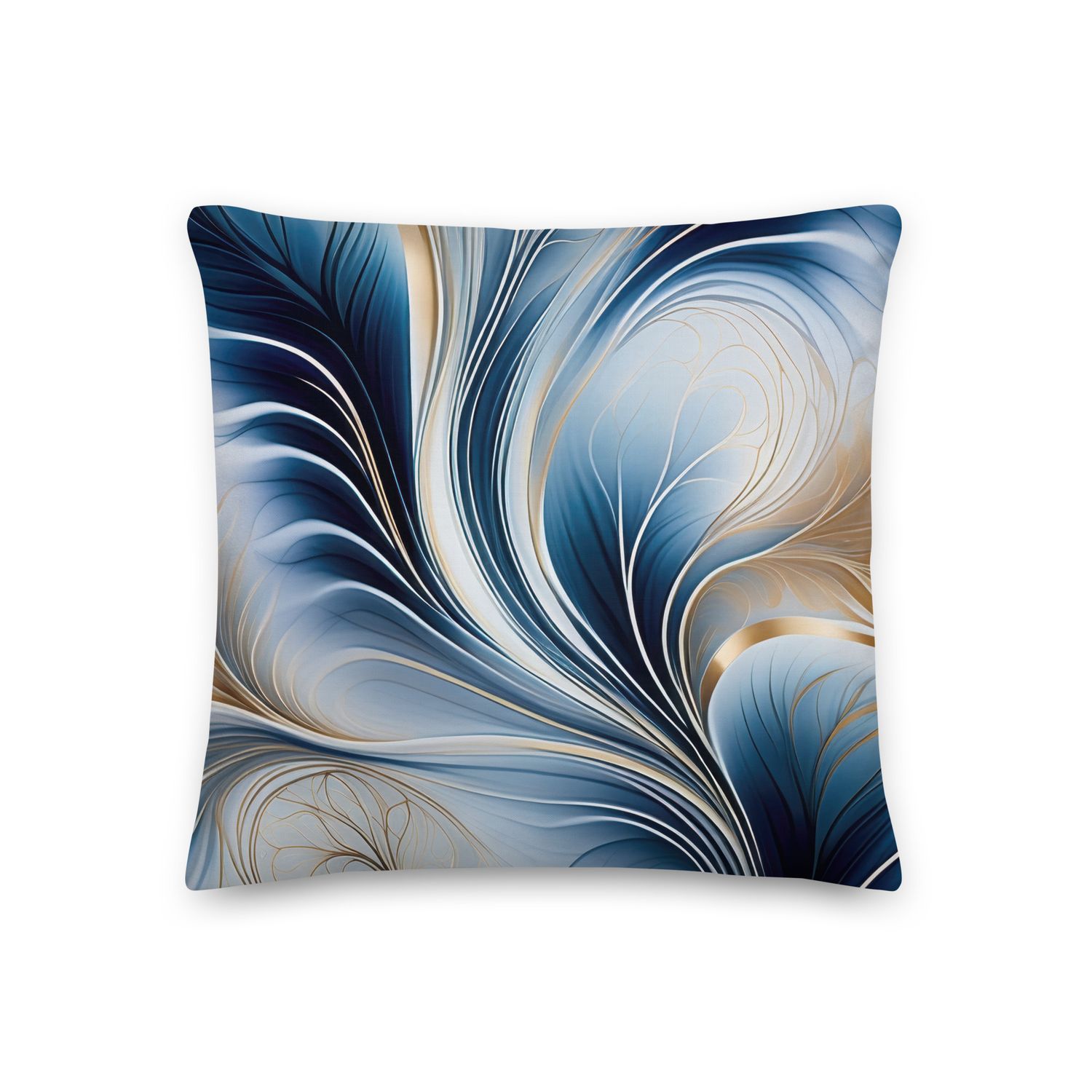 Golden Breeze - Flow of Blue and Gold Abstract Premium Pillow, Size: 18×18 - Premium Throw Pillow