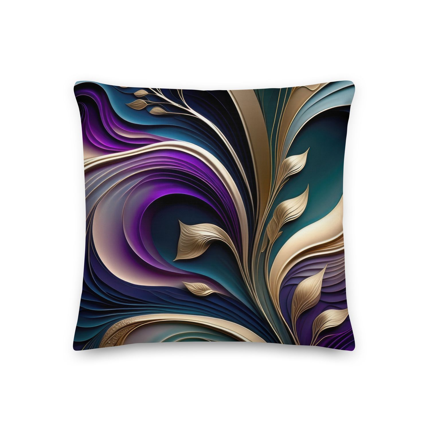 Golden Bloom - Deep Purple and Teal Abstract Floral Premium Pillow, Size: 18×18 - Premium Throw Pillow