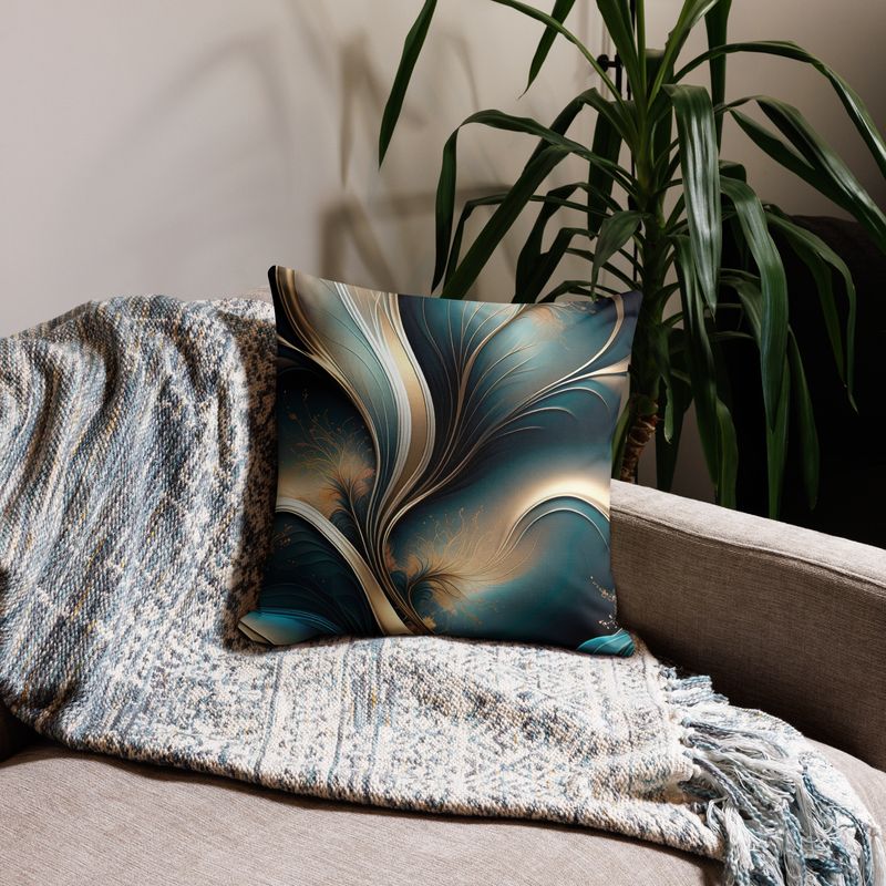 Golden Breeze - Teal and Gold Flowing Abstract Premium Pillow