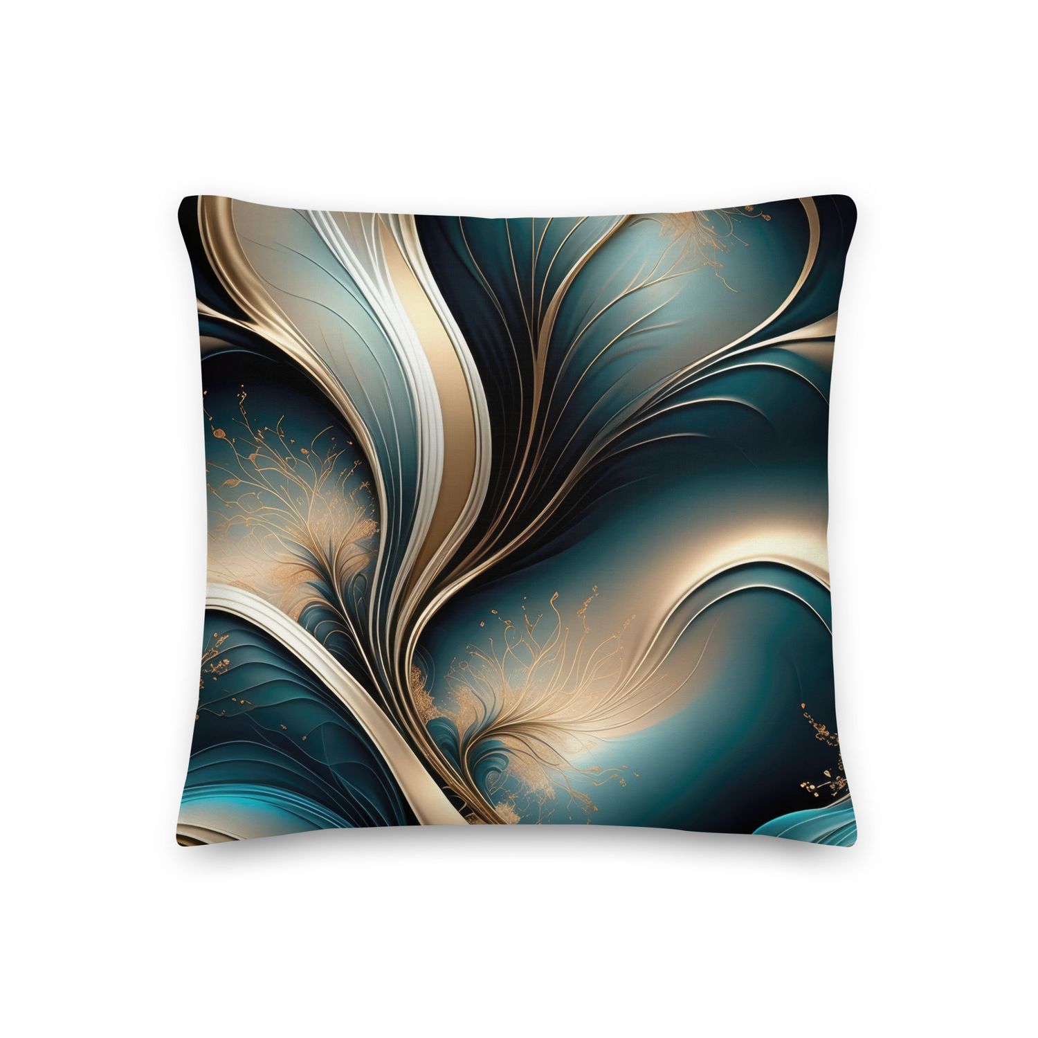 Golden Breeze - Teal and Gold Flowing Abstract Premium Pillow, Size: 18×18 - Premium Throw Pillow