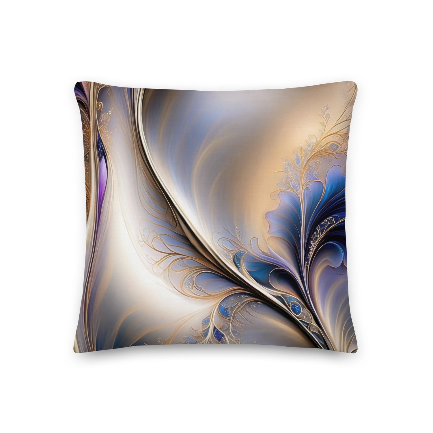 Golden Flow - Abstract Blue &amp; Gold Fluid Art Premium Pillow, Size: 18×18 - Premium Throw Pillow