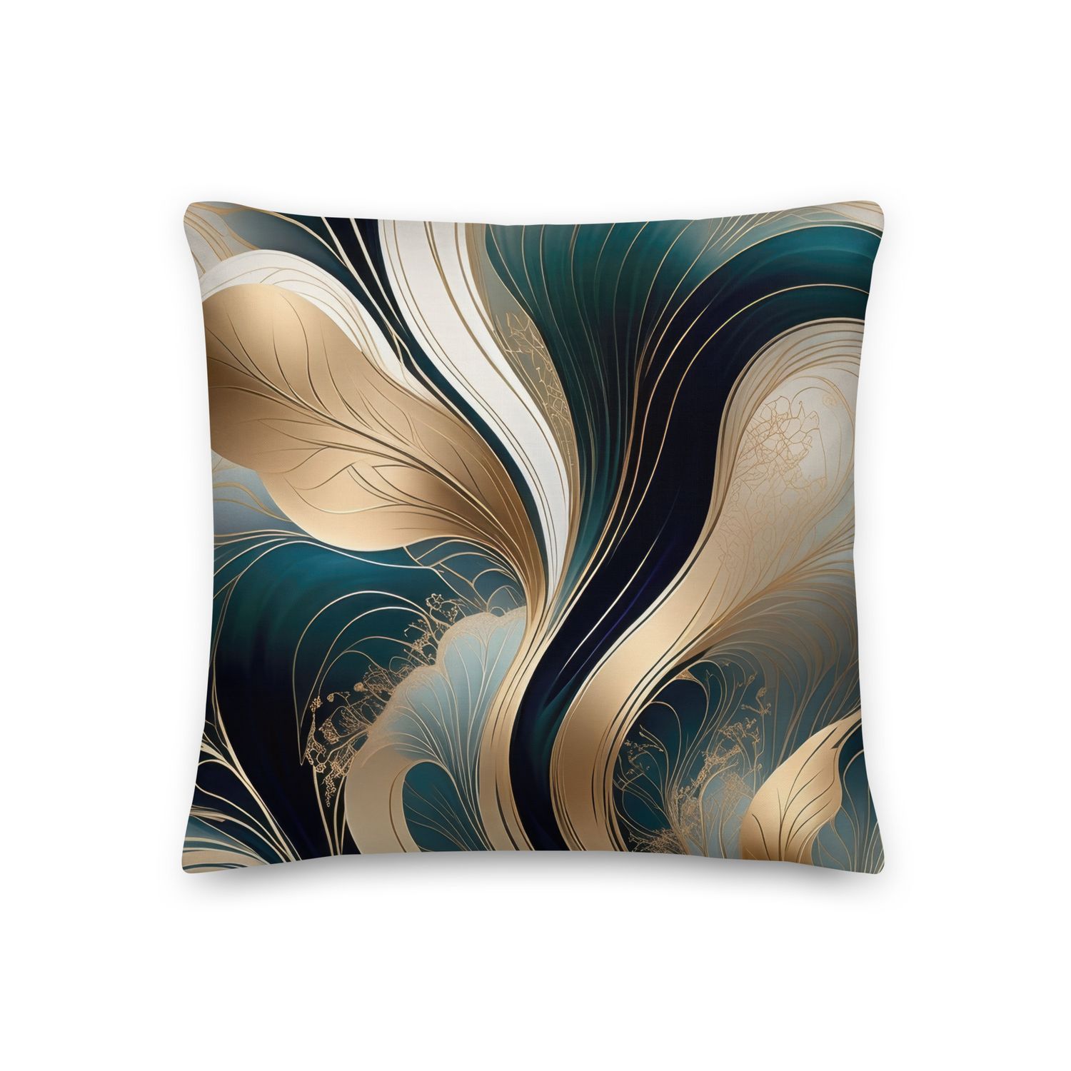 Golden Harmony - Teal and Gold Abstract Premium Pillow, Size: 18×18 - Premium Throw Pillow