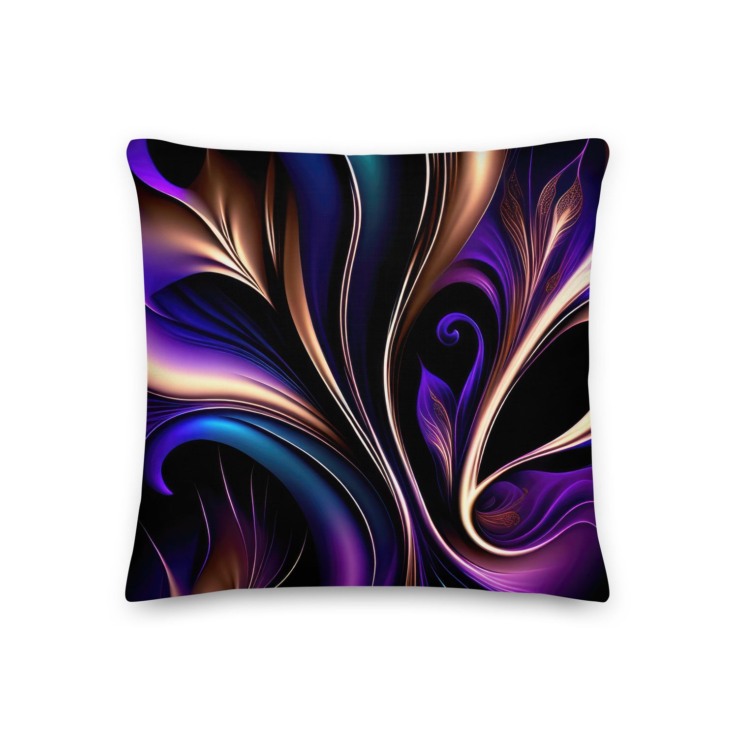 Midnight Bloom-Deep Purple, Teal, and Gold Abstract Premium Pillow, Size: 18×18 - Premium Throw Pillow