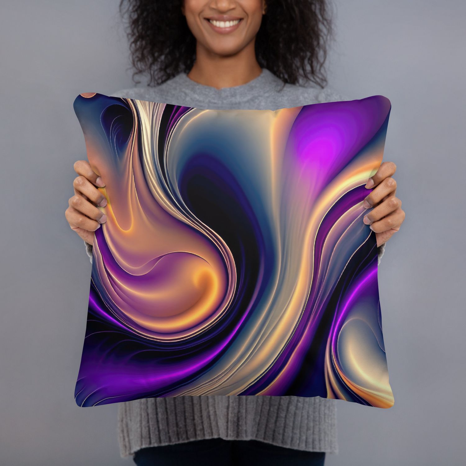 Mystic Flow-Vivid Purple, Gold, and Navy Abstract, Size: 18×18 - Throw Pillow