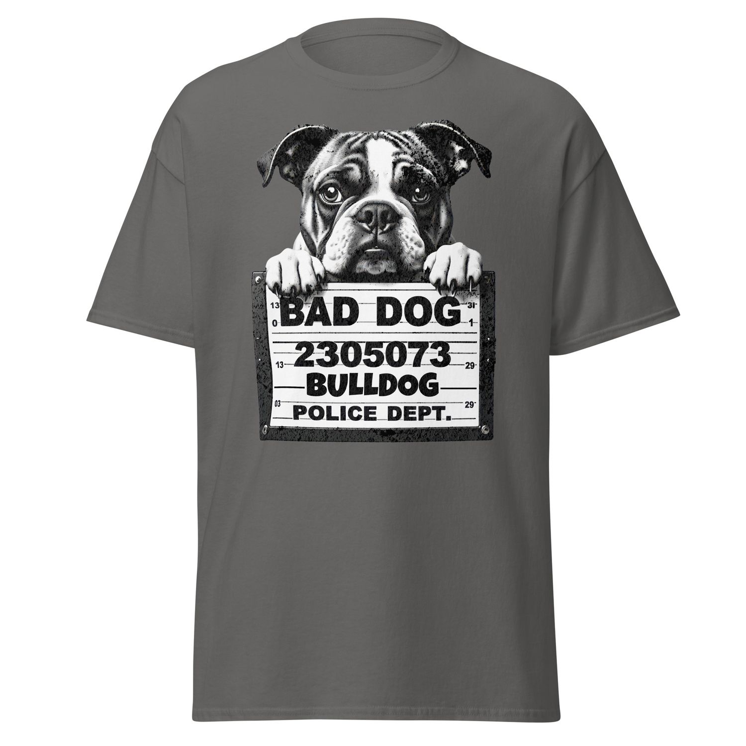 Bad Dog: Bulldog Mugshot, Color: Charcoal, Size: Medium