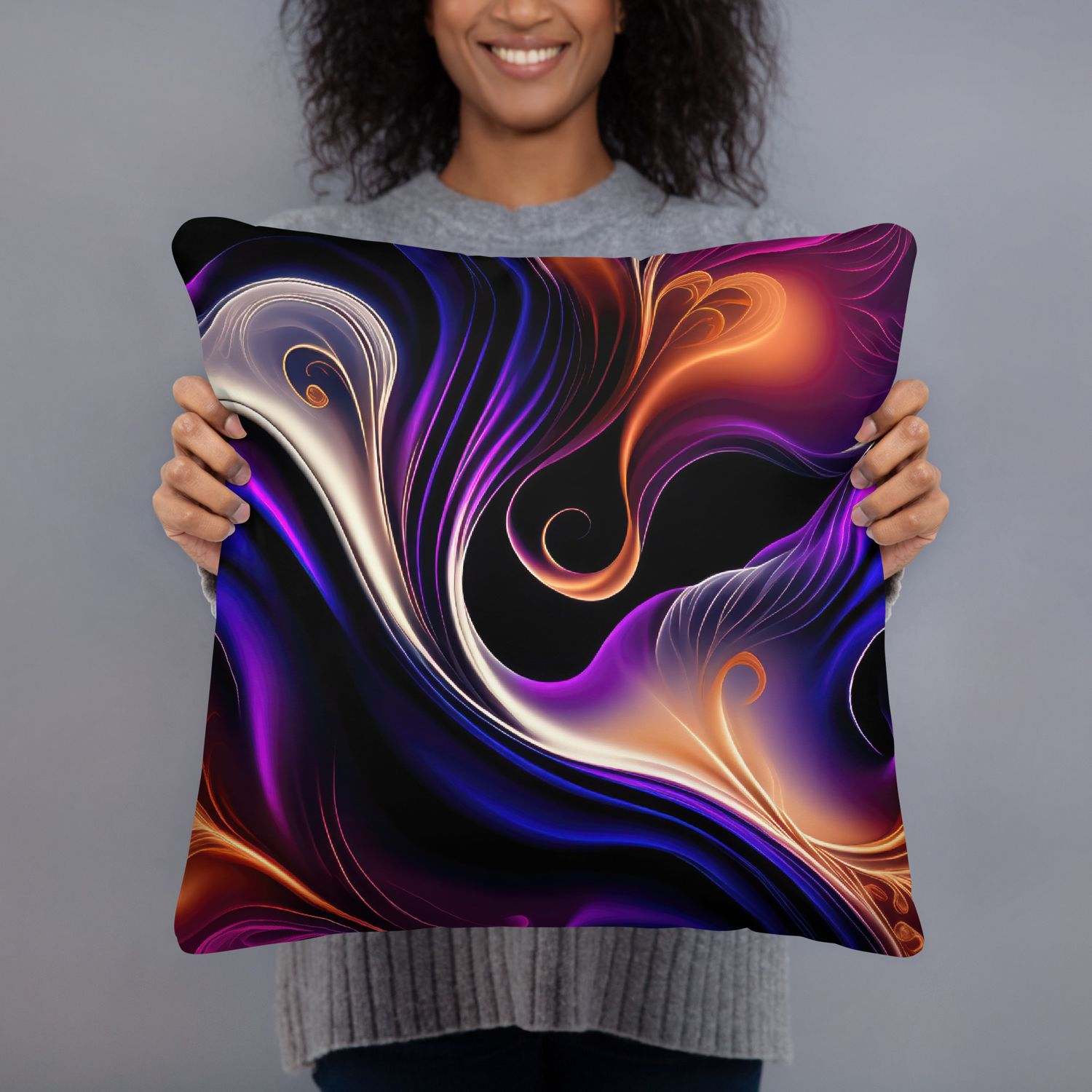 Fiery Waves - Bold Purple, Orange, and Gold Abstract Pillow, Size: 18×18 - Throw Pillow