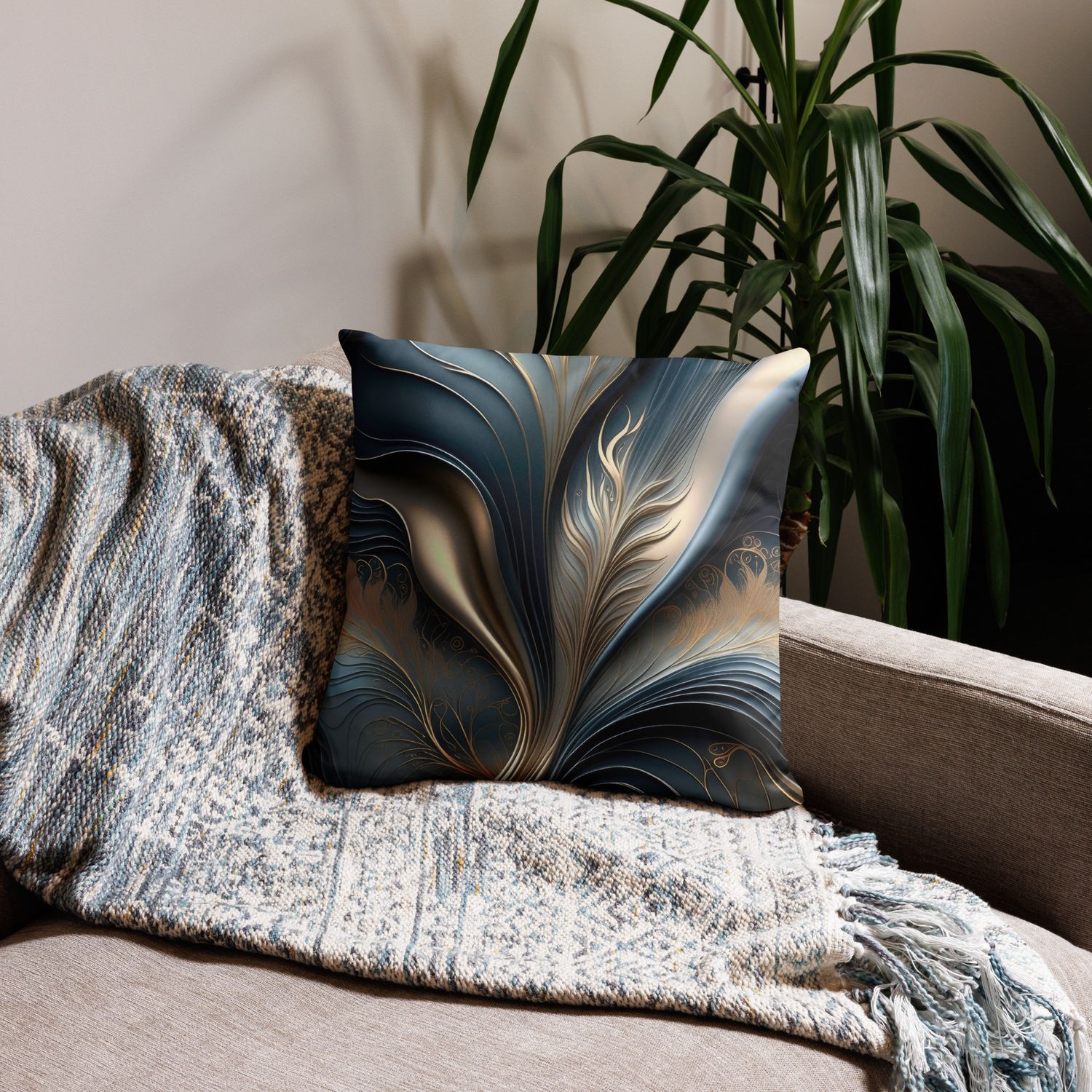 Emerald Whisper - Teal and Gold Abstract Floral Art Pillow