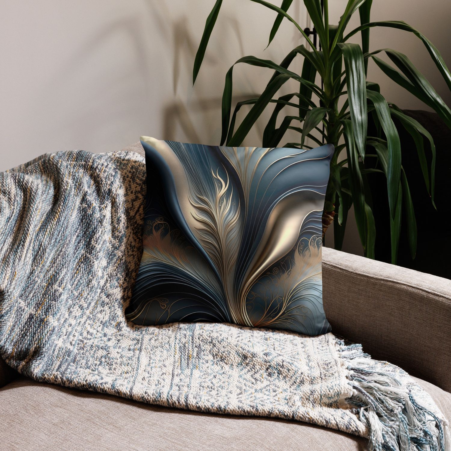 Emerald Whisper - Teal and Gold Abstract Floral Art Pillow, Size: 18×18