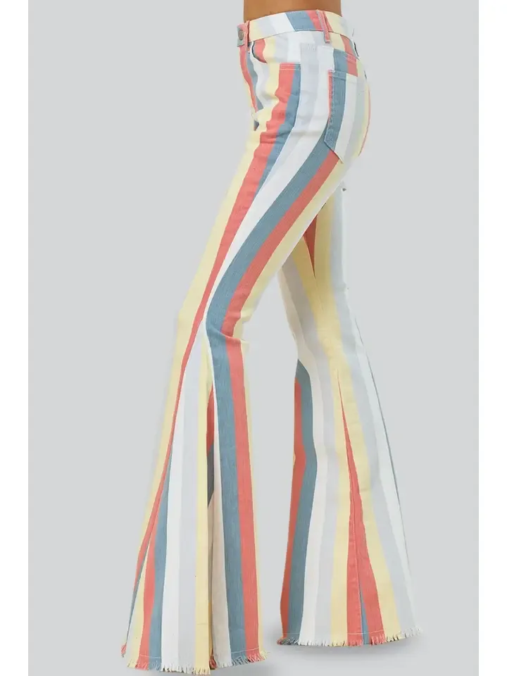 Wisteria Lane Multi-Stripe Denim Bell Bottom Jeans Terra