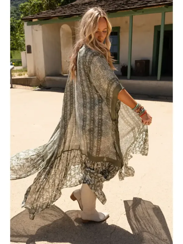Three Birds Paisley Tapestry Free Flow Duster Kimono - Olive