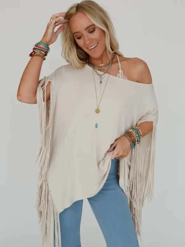 Three Birds Showstopper Fringe Top - Oat
