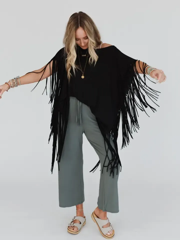 Three Birds Showstopper Fringe Top - Black