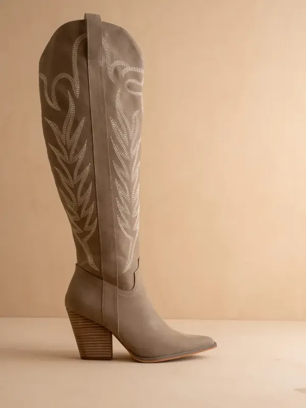 Oasis The Bronco Dark Taupe Knee High Embroidered Cowboy Boot