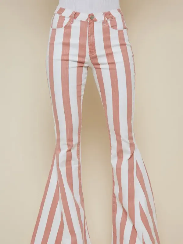 Saints And Heart Burnt Coral Striped Washed Denim Bell Bottoms
