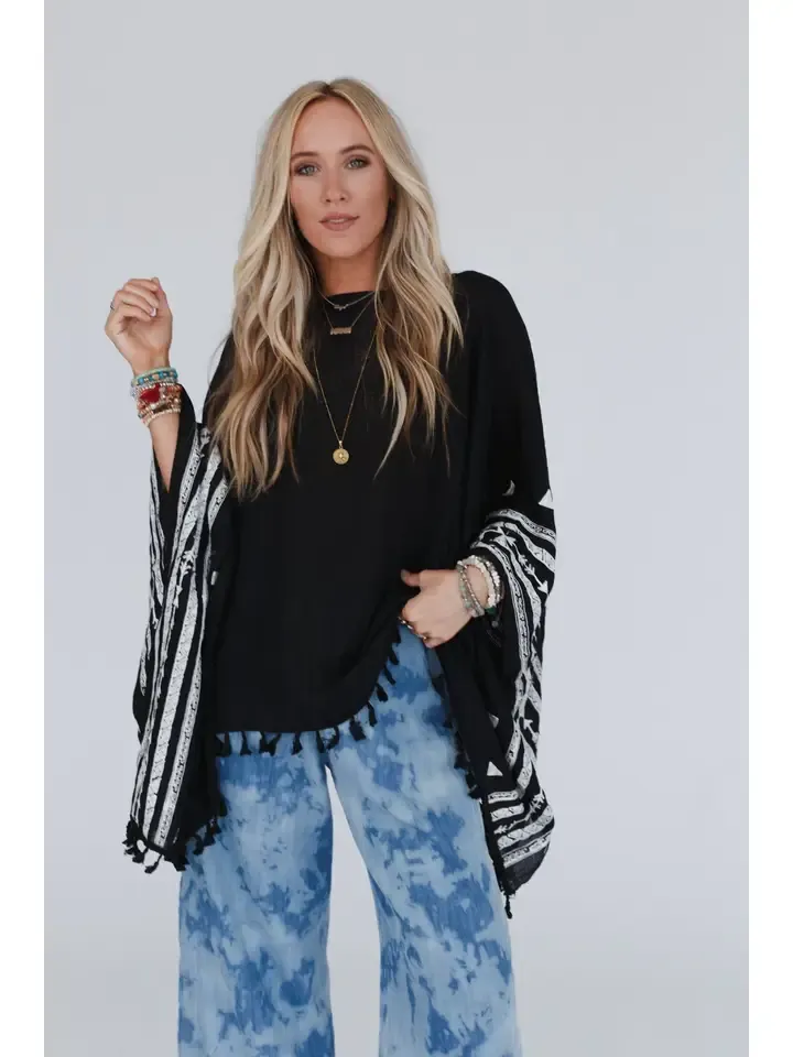 Three Birds Fallon Embroidered Poncho - Black