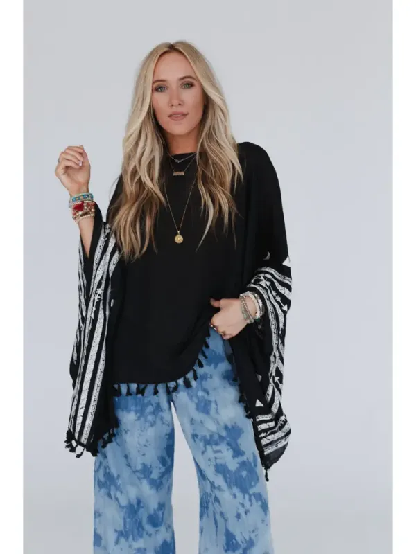 Three Birds Fallon Embroidered Poncho - Black