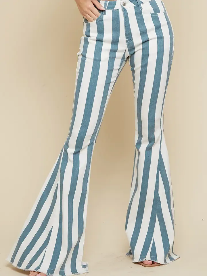 Saints And Hearts Deep Teal Striped Washed Denim Bell Bottoms