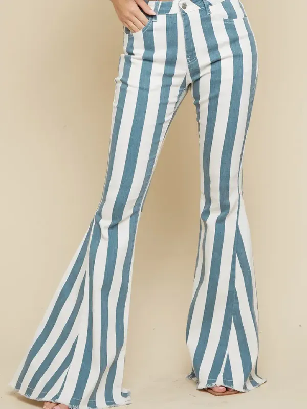 Saints And Hearts Deep Teal Striped Washed Denim Bell Bottoms