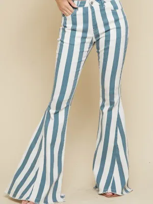 Saints And Hearts Deep Teal Striped Washed Denim Bell Bottoms