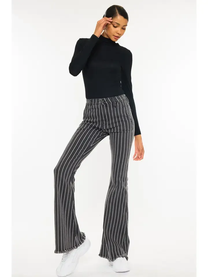 Kancan Grey Stipe High Rise Flare