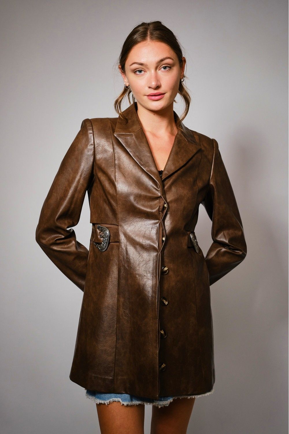 Blue B Brown Leather Buckle Coat\blazer
