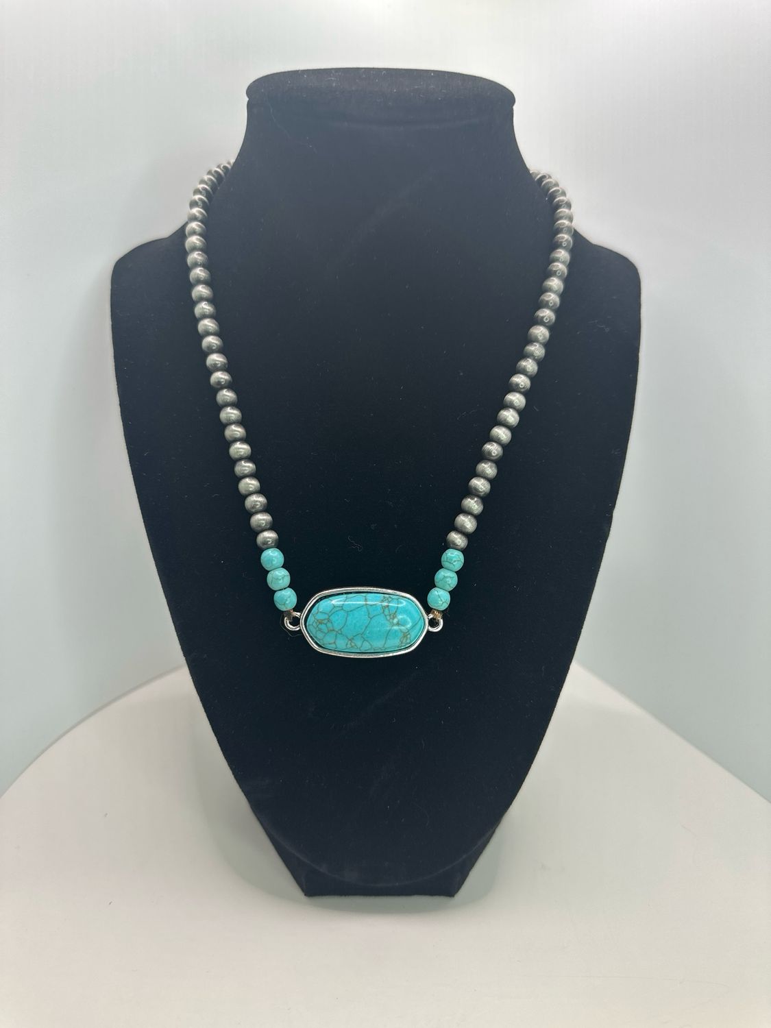 Emma Silver Pearl With Turq Oval Neck