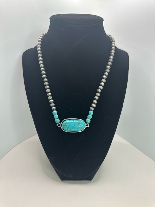 Emma Silver Pearl With Turq Oval Neck