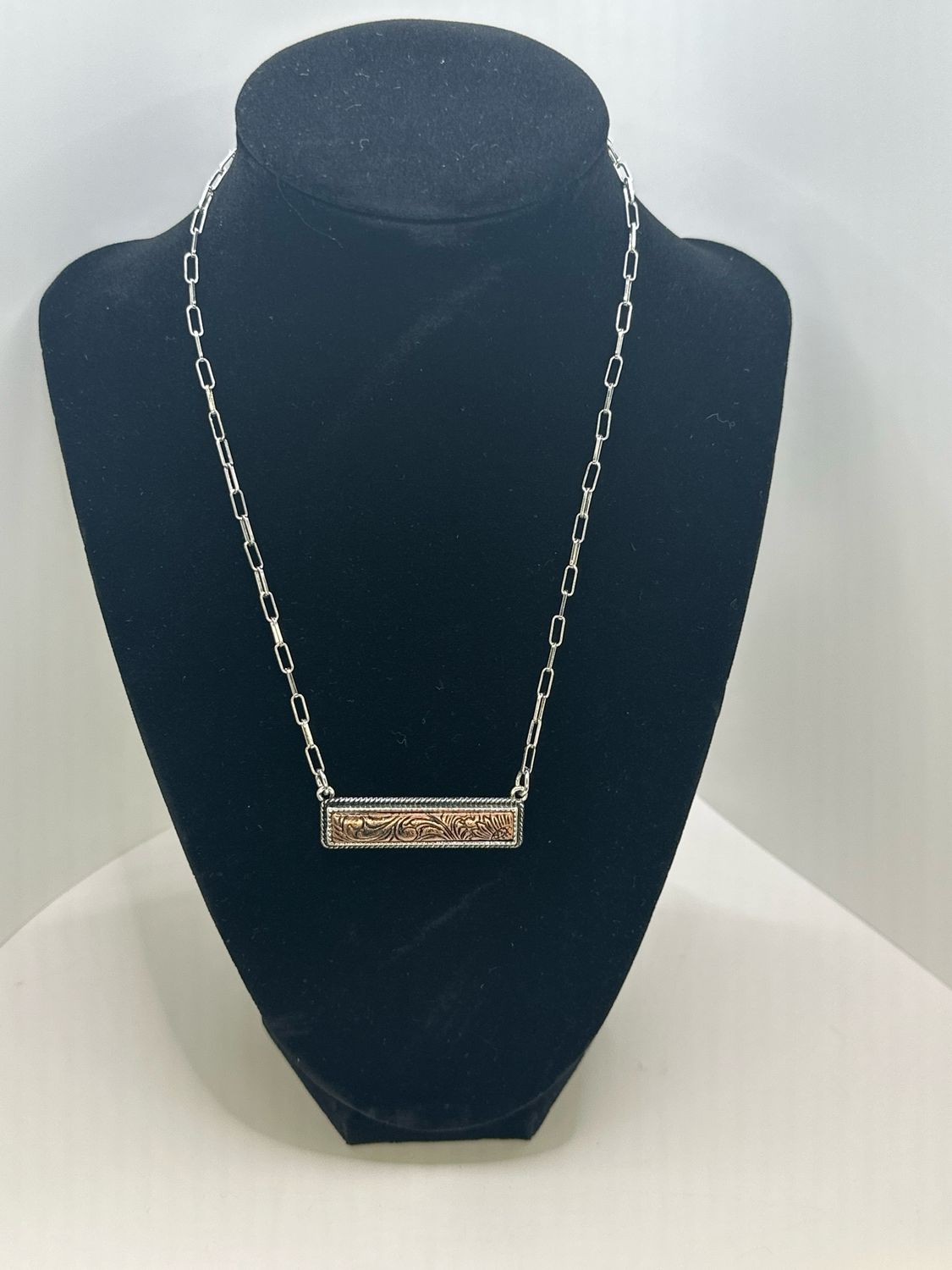 Western Tooled Look Bar Necklace Copper