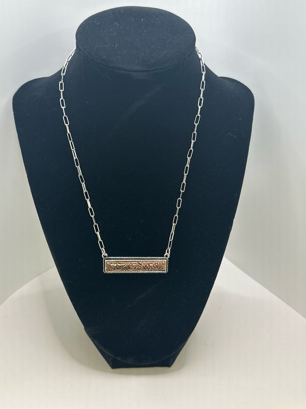 Western Tooled Look Bar Necklace Copper