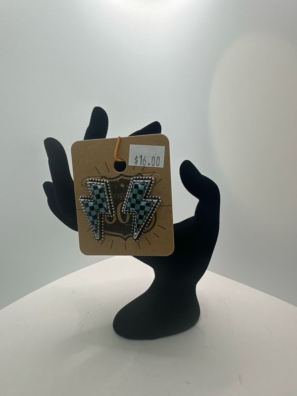 Checkboard Print Lightning Bolt Earring Turq