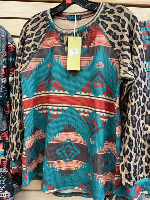 Fashion Express Aztec Top with Leopard Sleeve