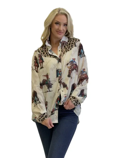 Fashion Express Beige Snap With Leopard And Cowboy