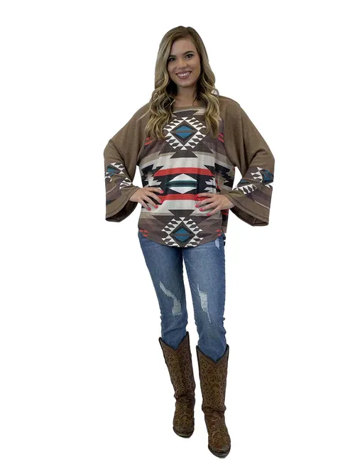 Fashion Express Brown Aztec Bell Sleeve Top