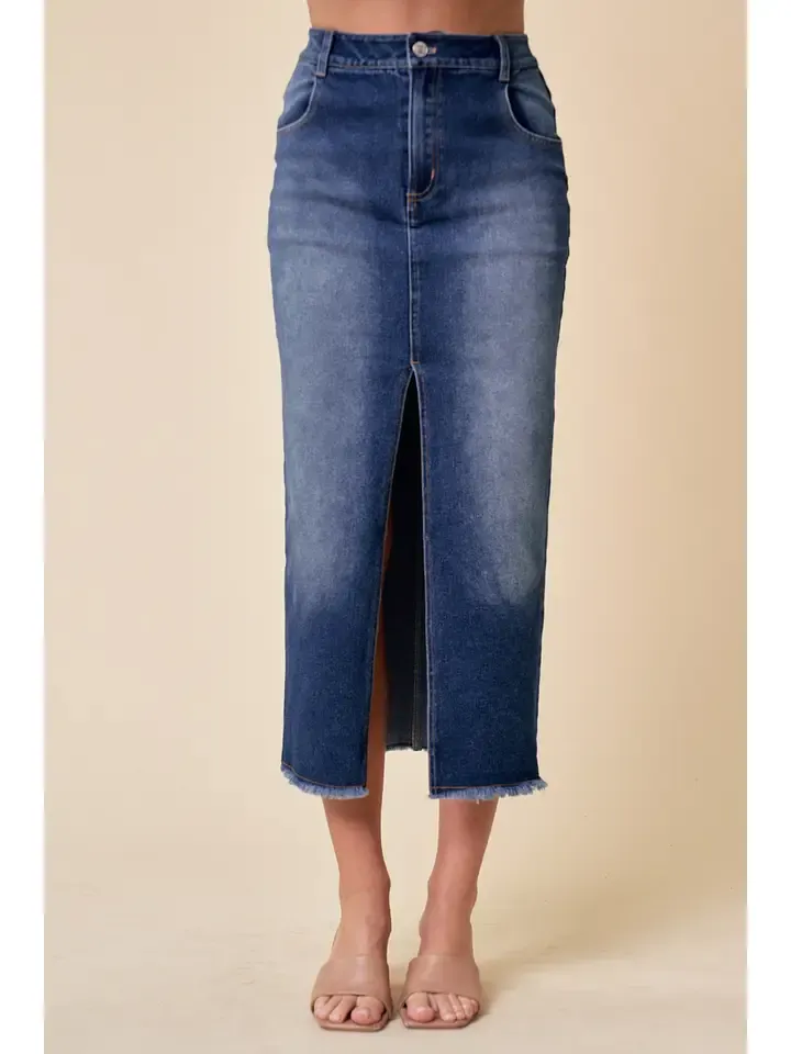 Saints And Heart Mid Front Slit Denim Skirt DK Wash