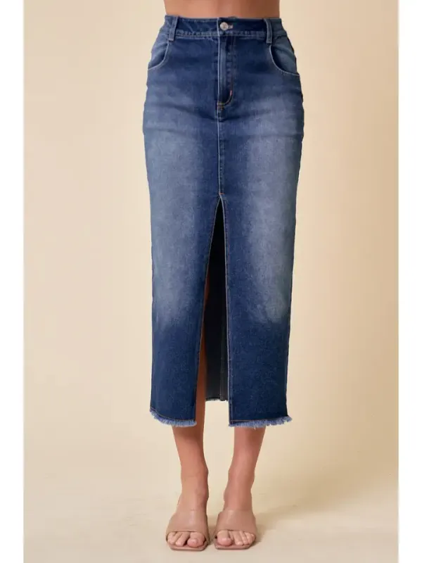 Saints And Heart Mid Front Slit Denim Skirt DK Wash