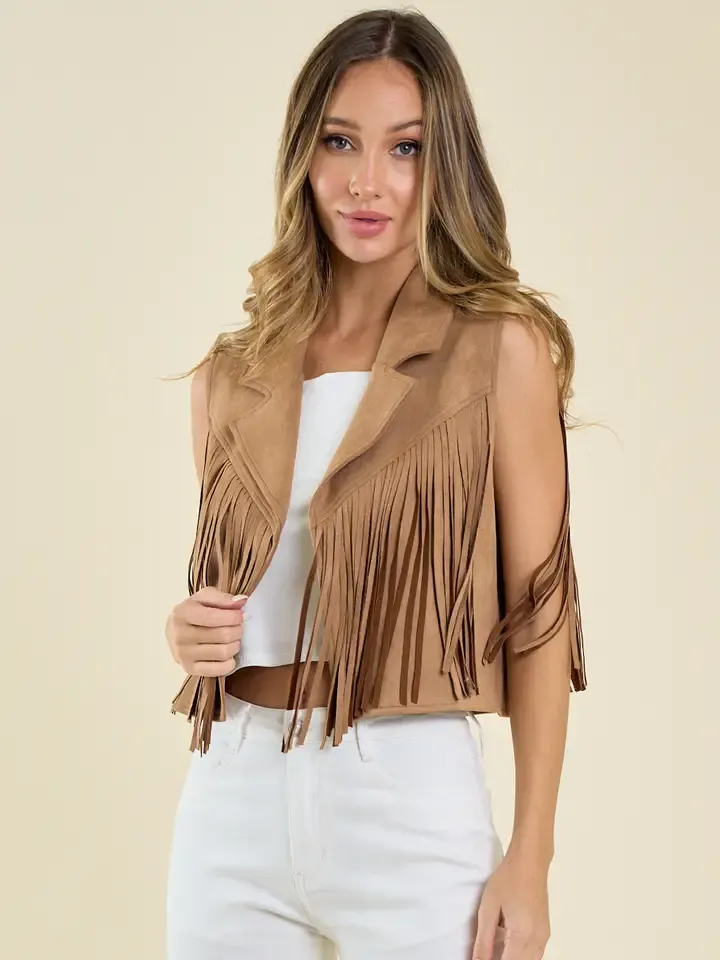 Saints And Hearts Collared Suede Fringe Vest Tan