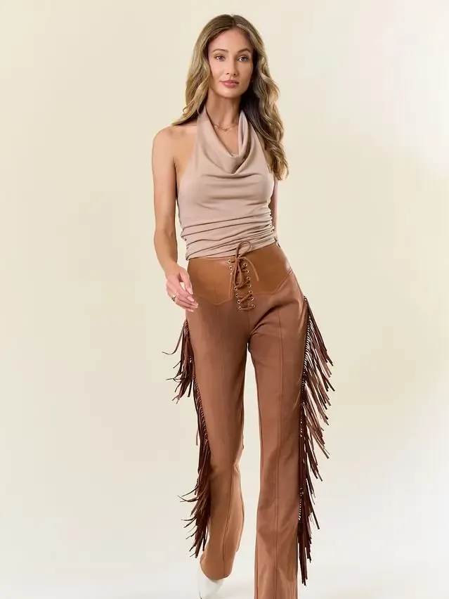 Saints And Heart Side Fringe Lace Up Tan Suede Pants