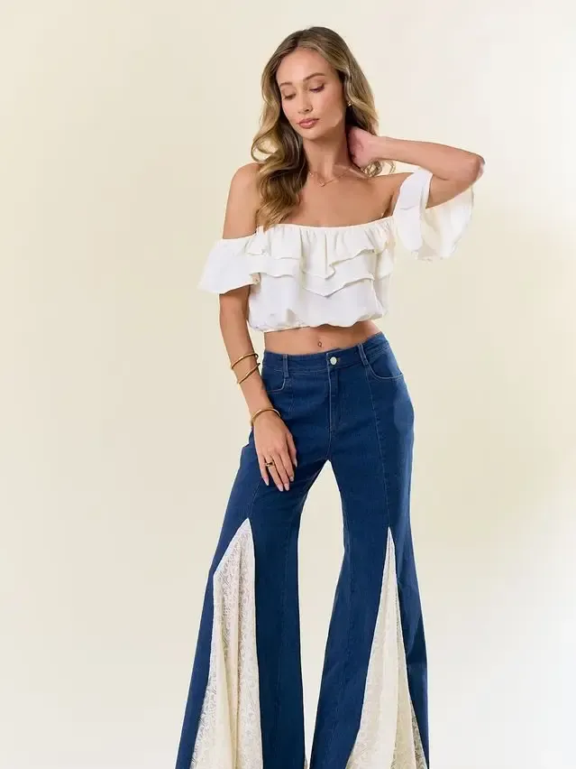 Saints And Hearts Lace Inset Boot Cut Denim Pants Md Wash