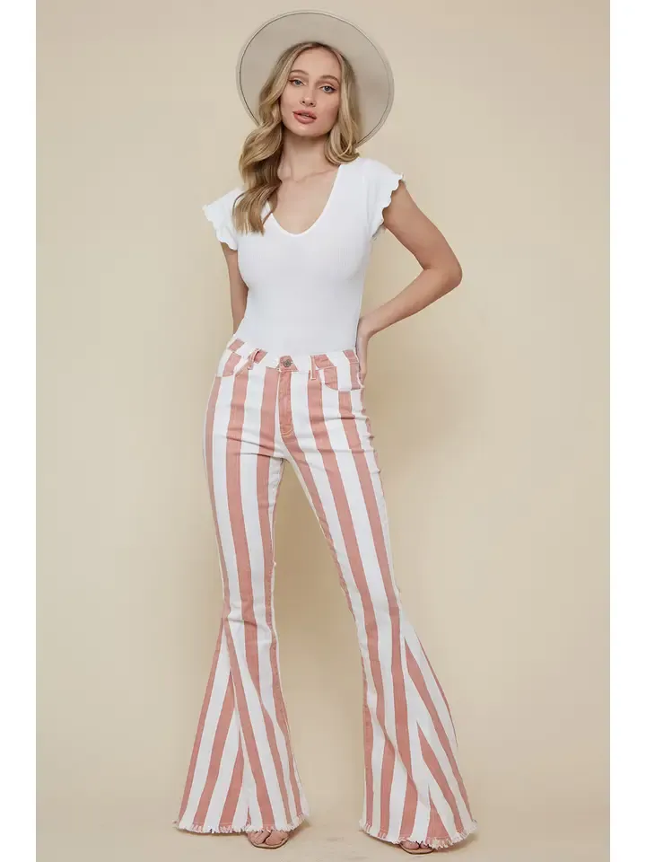 Saints And Hearts Burnt Coral Striped Washed Denim Bell Bottoms