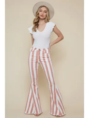 Saints And Hearts Burnt Coral Striped Washed Denim Bell Bottoms