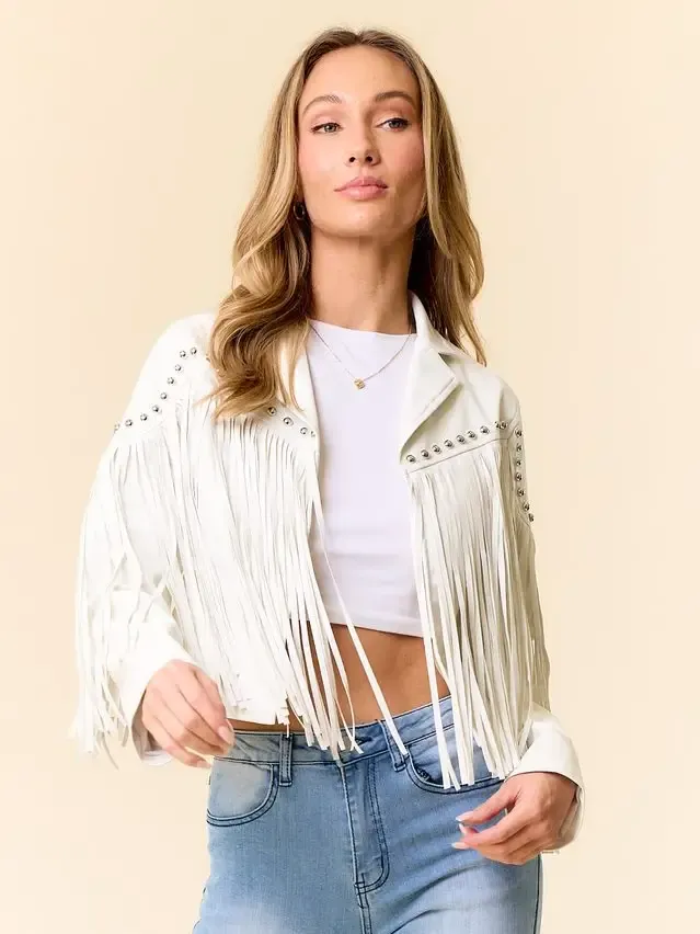 Saints And Hearts Stud Detail Fringed Jacket Off White