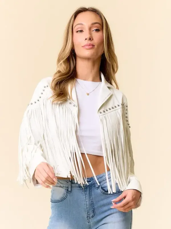 Saints And Hearts Stud Detail Fringed Jacket Off White